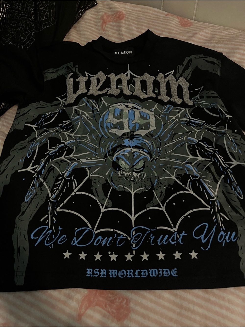Reason Black Spider Web Graphic Short Sleeve Tee with Blue and Gray Accents